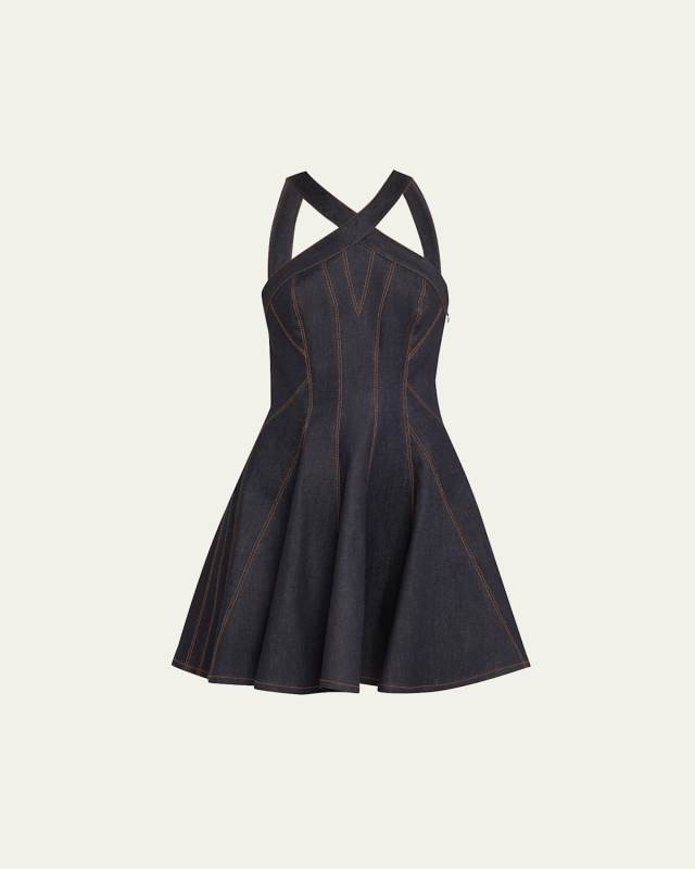 Halter Curved Seam Denim Mini Skater Dress
